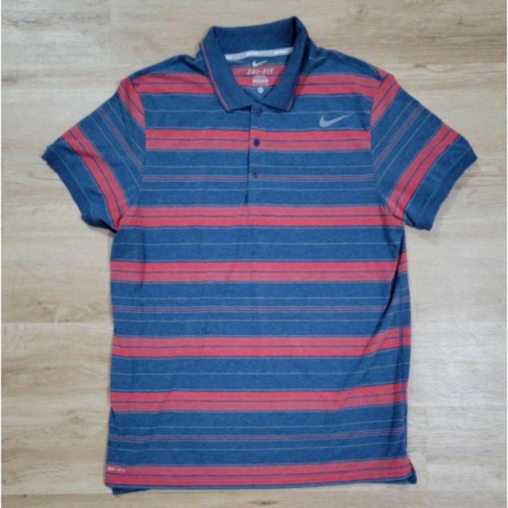 Nike Polo Size XL Tennis Dri-fit Polyester Cotton Striped Blue Red